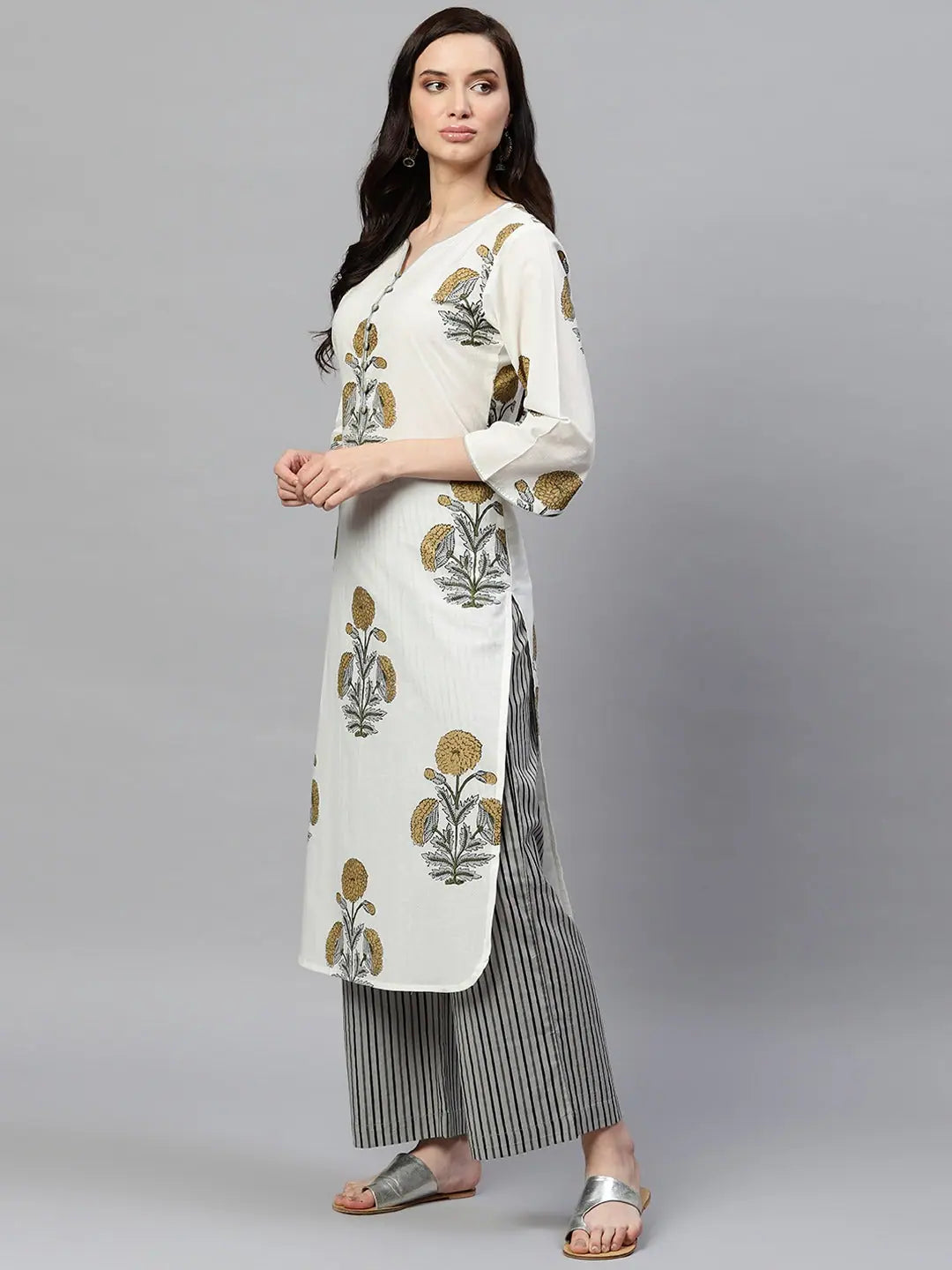 Off White Cotton Kurta Palazzo Set | Indian Kurta Ladies