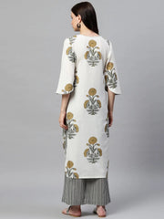 Women Off White Color Function Wear Cotton Fabric Printed Fancy Kurta And Palazzo Set