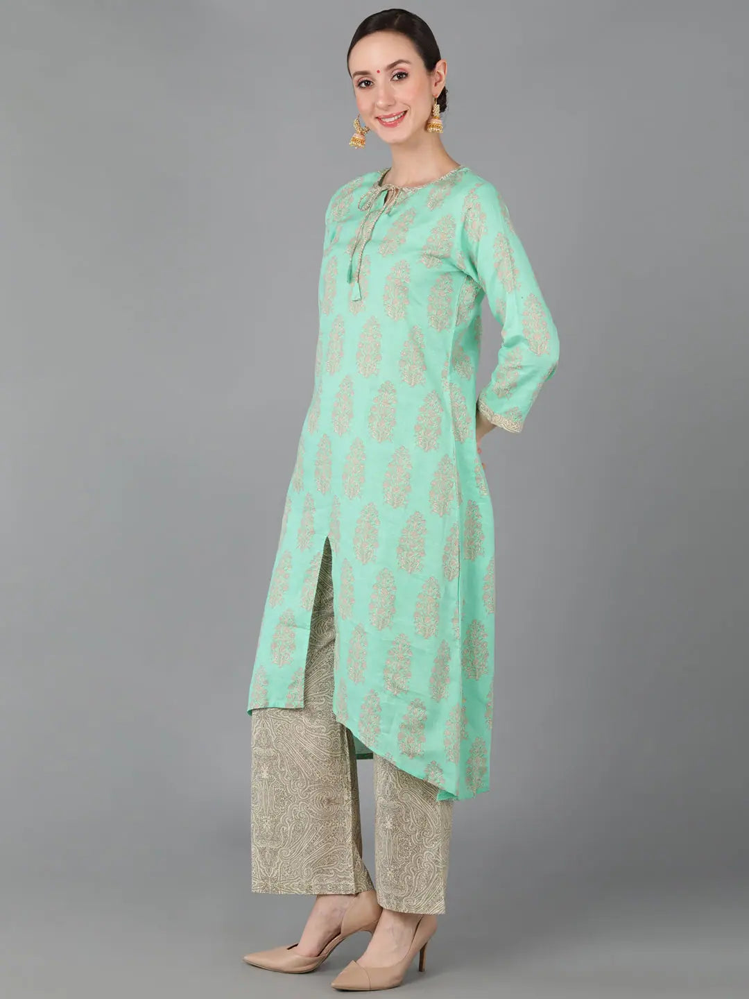 Sea Green Cotton Kurta Palazzo Set - Printed Indian Kurta