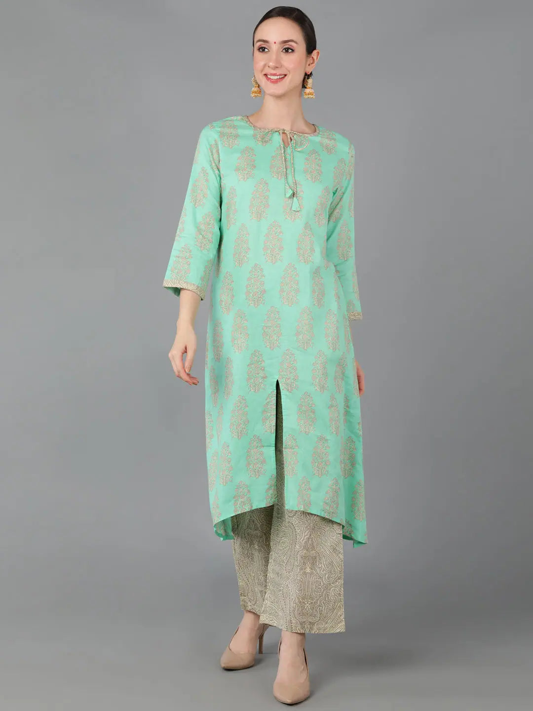 Sea Green Cotton Kurta Palazzo Set - Printed Indian Kurta