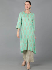 Women Sea Green Pure Cotton Printed Kurta Palazzos