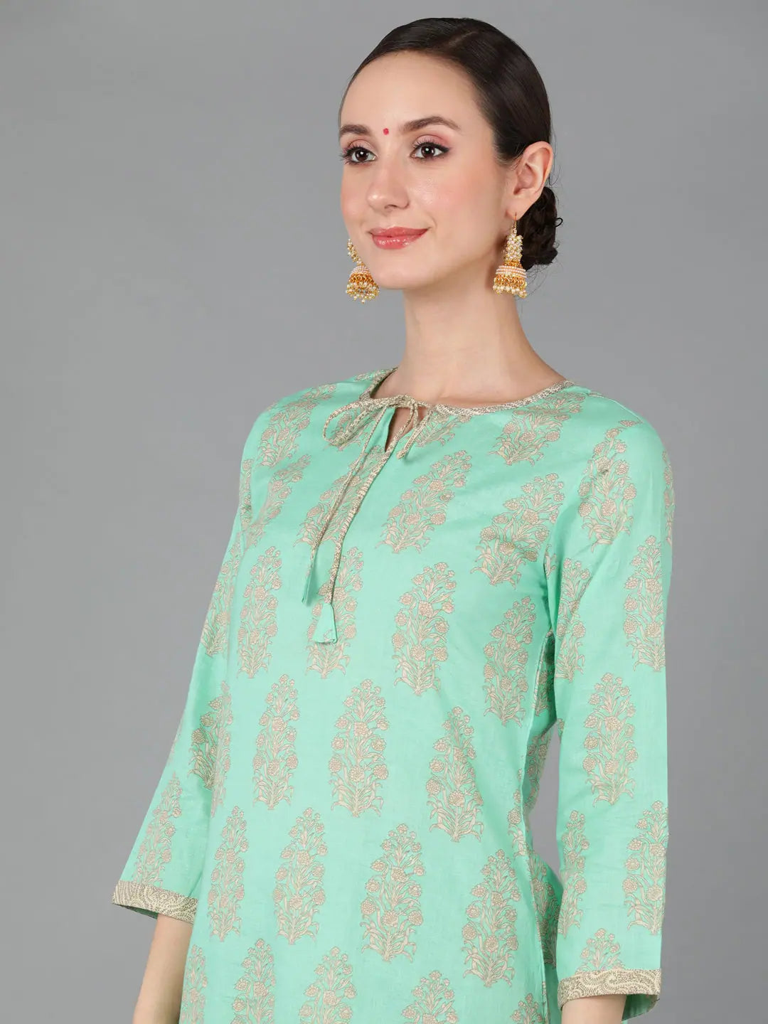 Sea Green Cotton Kurta Palazzo Set - Printed Indian Kurta