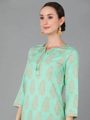 Women Sea Green Pure Cotton Printed Kurta Palazzos