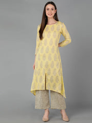 Women Yellow Pure Cotton Printed Kurta Palazzos 1