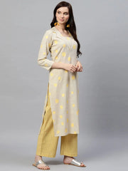 Women Casual Wear Cotton Fabric Dark Beige Color Printed Trendy Kurta And Palazzo Set