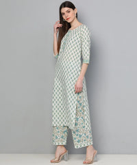 Women Off White And Green Color Cotton Fabric Printed Fancy Kurta And Palazzo Set