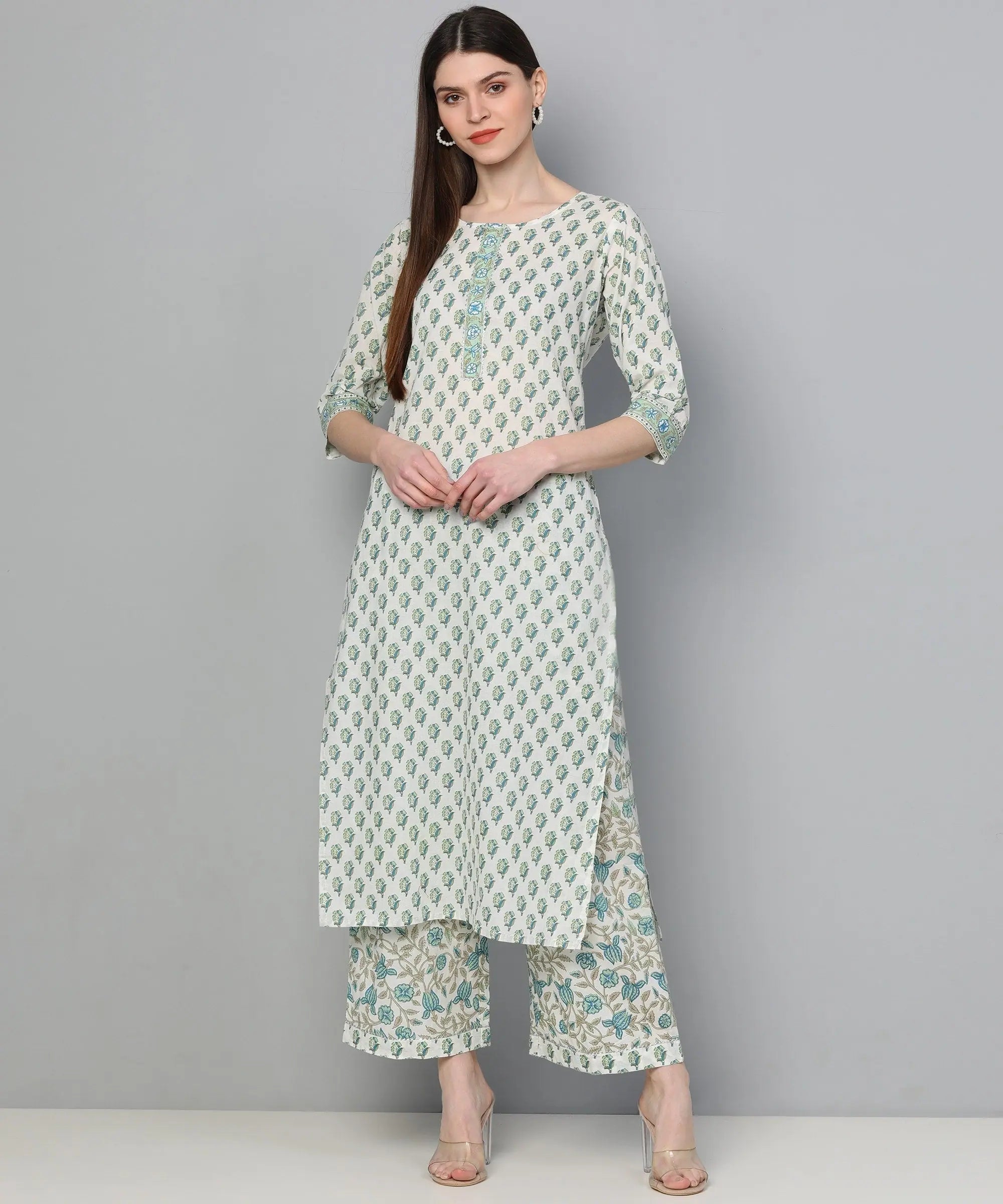 Off White & Green Kurta Palazzo Set | Designer Indian Kurtis
