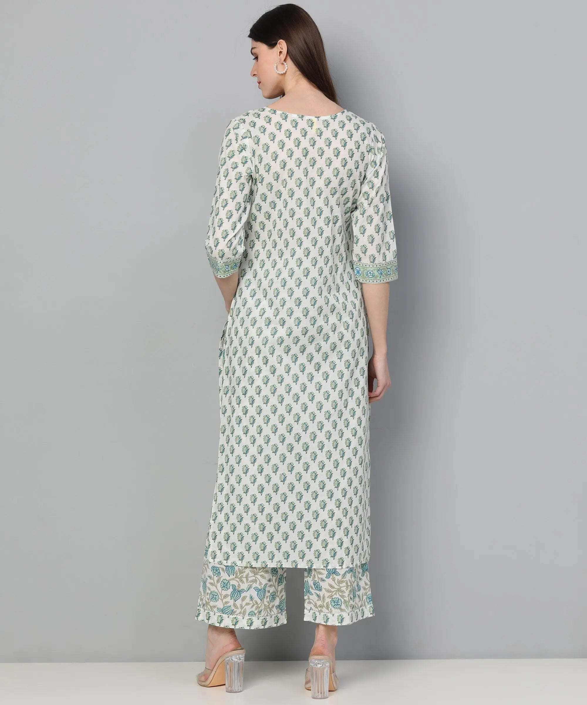 Off White & Green Kurta Palazzo Set | Designer Indian Kurtis