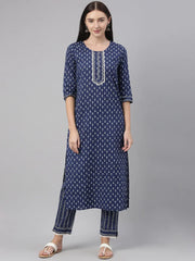 Women Cotton Blue Ethnic Motifs Printed Straight Kurta Pant Set