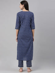 Women Cotton Blue Ethnic Motifs Printed Straight Kurta Pant Set