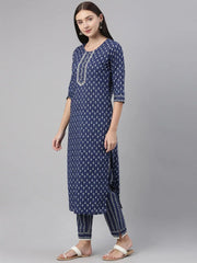 Women Cotton Blue Ethnic Motifs Printed Straight Kurta Pant Set