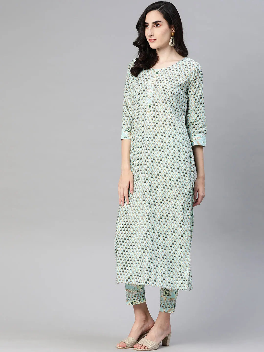 Blue Cotton Women's Kurta Set: Floral Printed Indian Kurta Sets