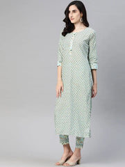 Women Cotton Blue Ethnic Motifs Printed Straight Kurta Trousers Set