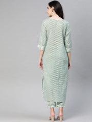 Women Cotton Blue Ethnic Motifs Printed Straight Kurta Trousers Set