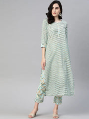 Women Cotton Blue Ethnic Motifs Printed Straight Kurta Trousers Set