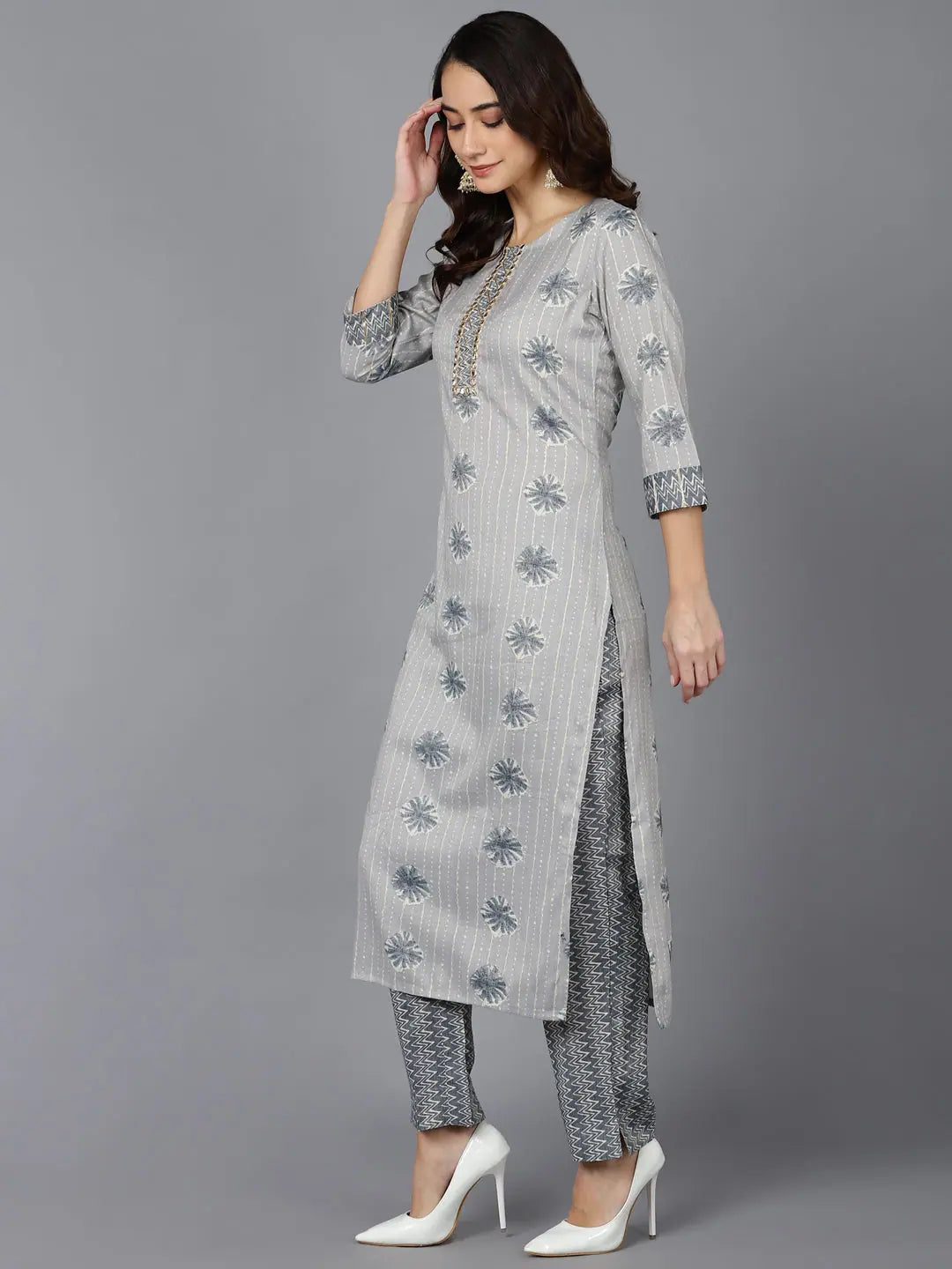 Grey Cotton Blend Kurta Trousers Set | Women's Kurta Sets