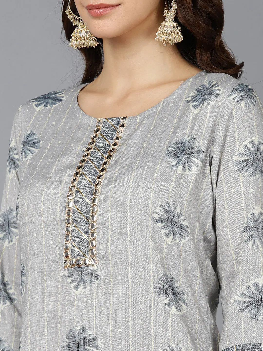 Grey Cotton Blend Kurta Trousers Set | Women's Kurta Sets