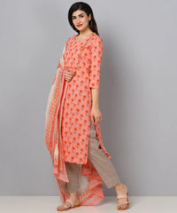 Women Pink And White Color Cotton Fabric Printed Fancy Kurta