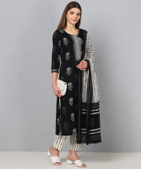 Women Black White Printed Kurta With Trousers Dupatta