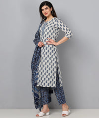 Women Blue Color Cotton Fabric Printed Fancy Kurta And Palazzo Dupatta Set