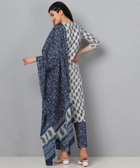 Women Blue Color Cotton Fabric Printed Fancy Kurta And Palazzo Dupatta Set