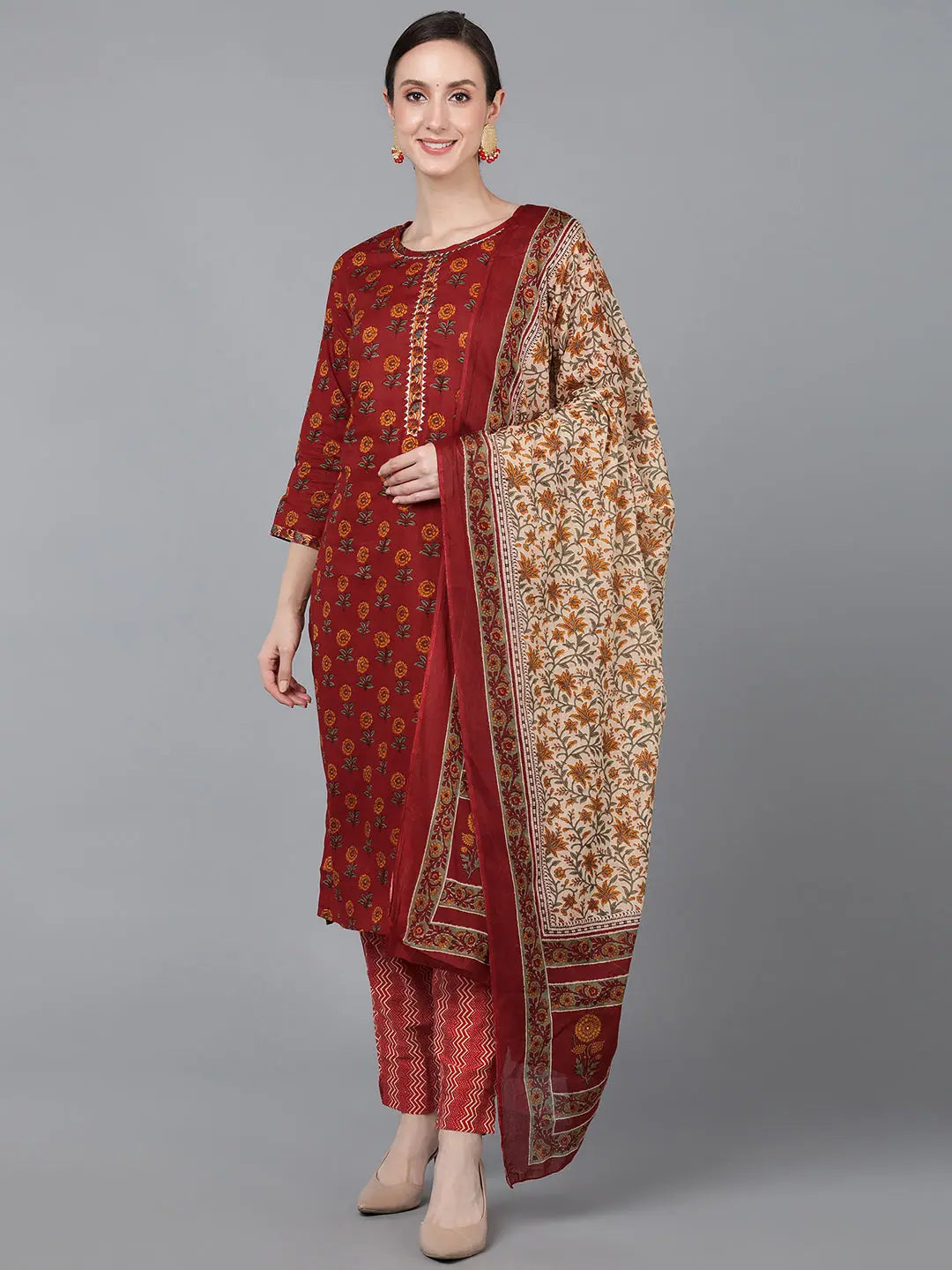 Women Red Pure Cotton Floral Printed Kurta Trousers With Dupatta