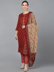 Women Red Pure Cotton Floral Printed Kurta Trousers With Dupatta