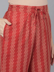 Women Red Pure Cotton Floral Printed Kurta Trousers With Dupatta