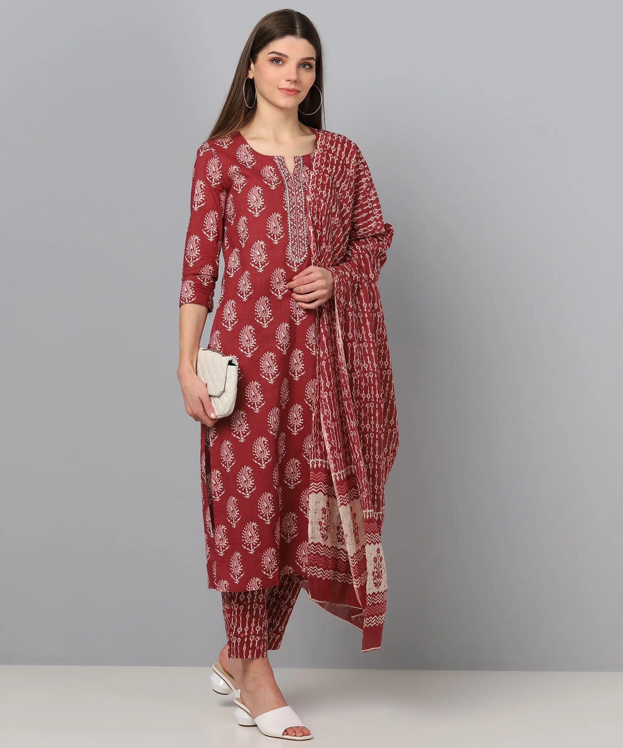 Maroon & White Cotton Kurta Palazzo Set | Indian Kurtas
