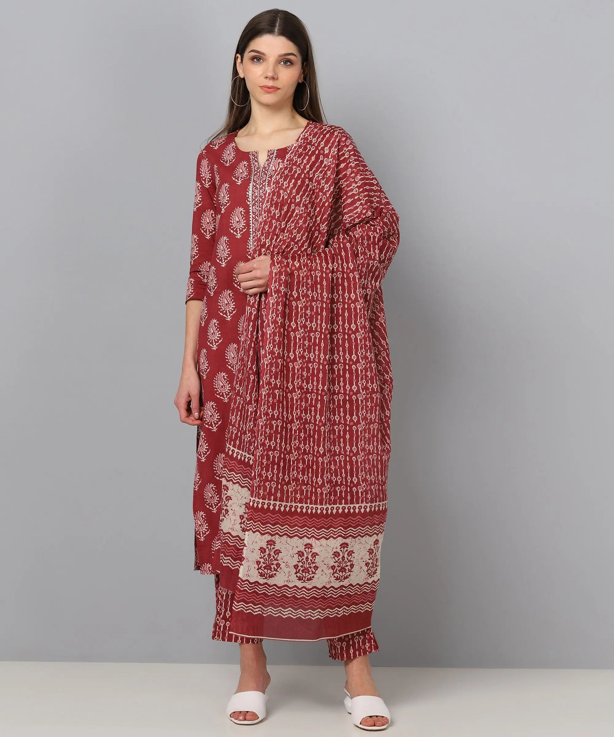 Maroon & White Cotton Kurta Palazzo Set | Indian Kurtas