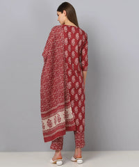 Women Maroon White Cotton Fabric Printed Fancy Kurta And Palazzo