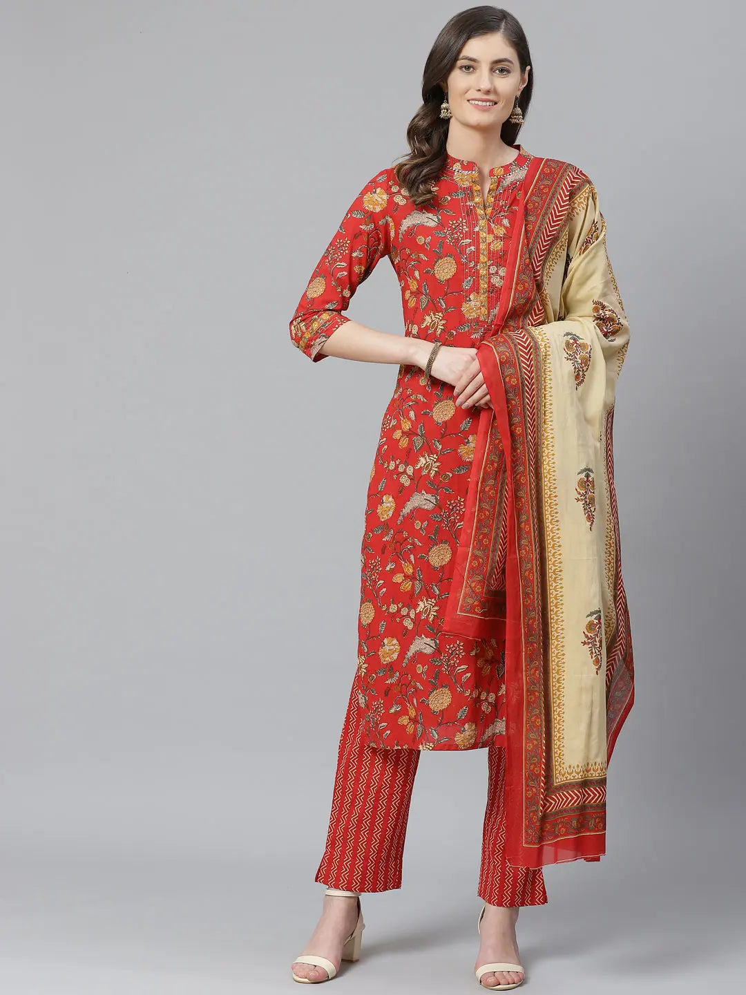 Women Red Color Cotton Fabric Printed Fancy Kurta And Palazzo Dupatta Set 1