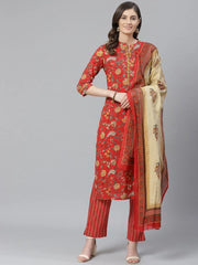 Women Red Color Cotton Fabric Printed Fancy Kurta And Palazzo Dupatta Set 1