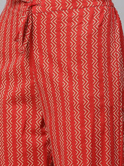 Women Red Color Cotton Fabric Printed Fancy Kurta And Palazzo Dupatta Set 1