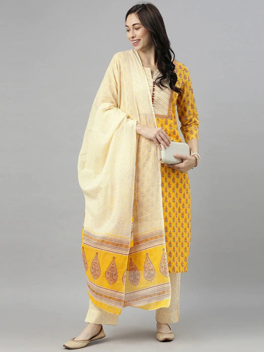 Women Yellow Orange Printed Kurta With Palazzos Dupatta 1080