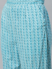 Women Blue White Printed Pure Cotton Kurta With Trousers
