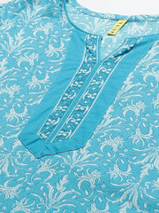 Women Blue White Printed Pure Cotton Kurta With Trousers
