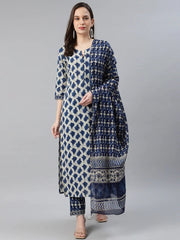 Women Cotton Off White Ethnic Motifs Printed Straight Kurta Palazzo Dupatta Set 2