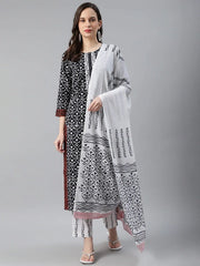 Women Cotton Black Ethnic Motifs Printed Straight Kurta Palazzo Dupatta Set 4