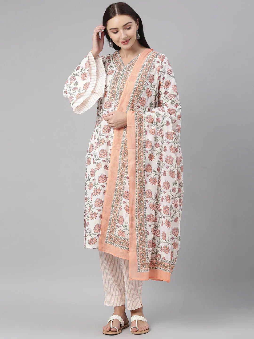 White Floral Kurta Set | Cotton Indian Kurtis for Ladies