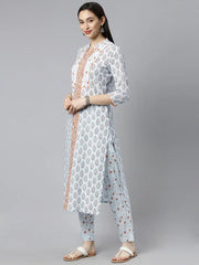 Women Cotton Blue Floral Printed Straight Kurta Pant Dupatta Set