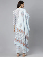 Women Cotton Blue Floral Printed Straight Kurta Pant Dupatta Set