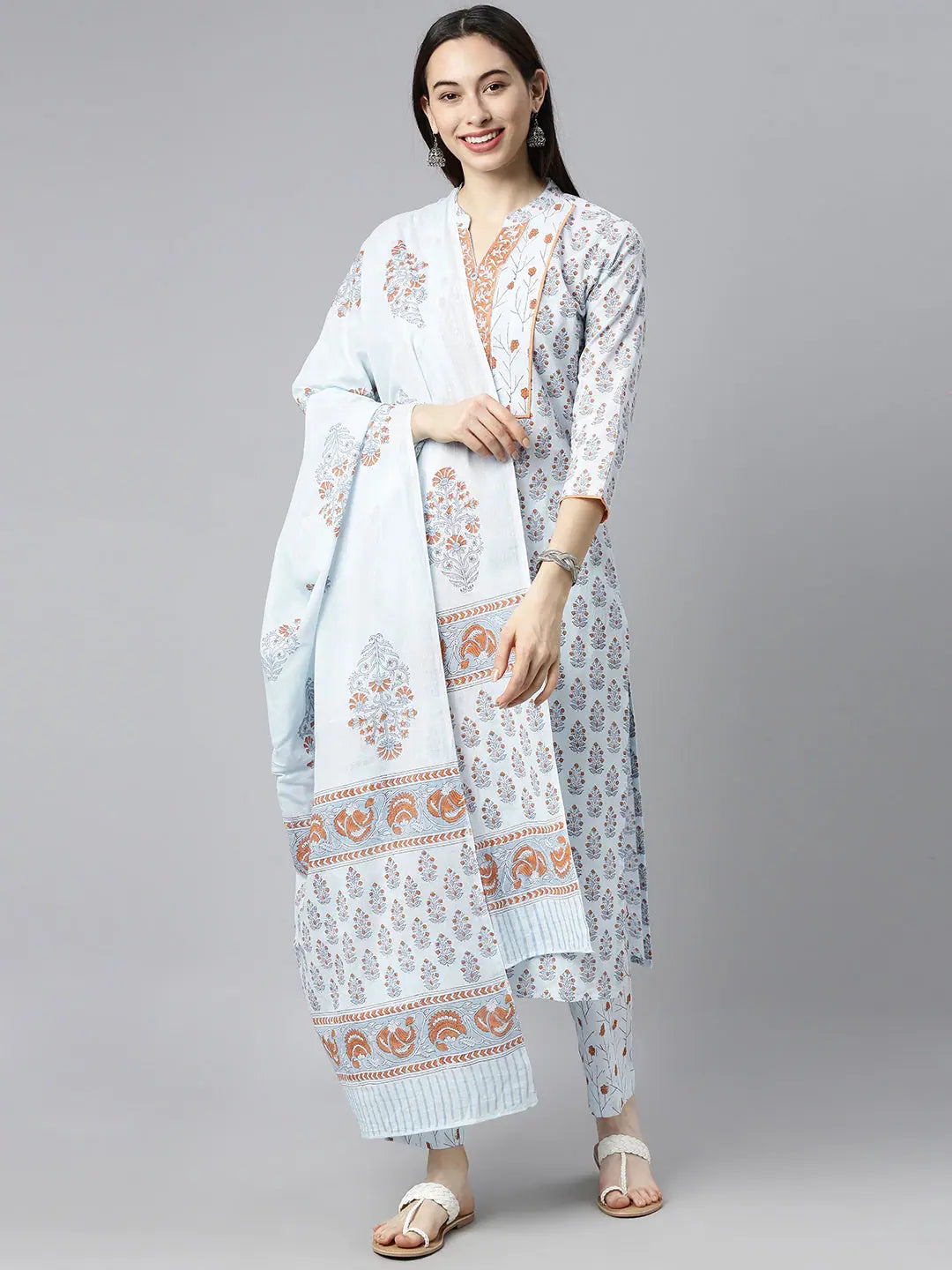 Blue Floral Cotton Kurta Set with Dupatta | Stylish Women's Kurta Sets