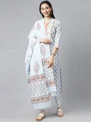 Women Cotton Blue Floral Printed Straight Kurta Pant Dupatta Set