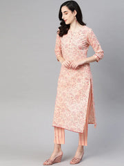 Women Cotton Orange Ethnic Motifs Printed Straight Kurta Trousers And Dupatta Set