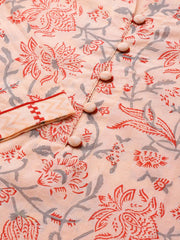 Women Cotton Orange Ethnic Motifs Printed Straight Kurta Trousers And Dupatta Set