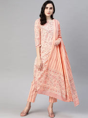 Women Cotton Orange Ethnic Motifs Printed Straight Kurta Trousers And Dupatta Set