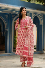 Women Cotton Pink Floral Printed Straight Kurta Pant Dupatta Set