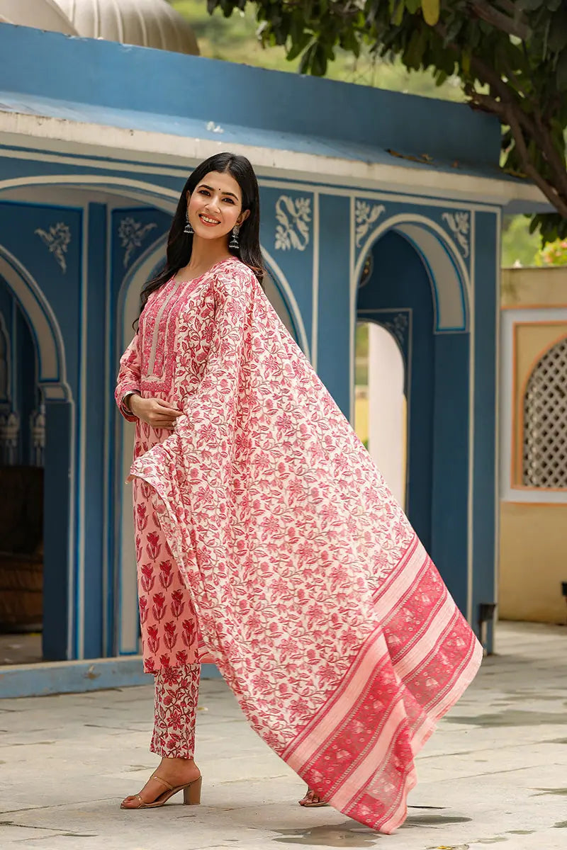 Pink Floral Printed Kurta Set - Indian Kurtas for Women
