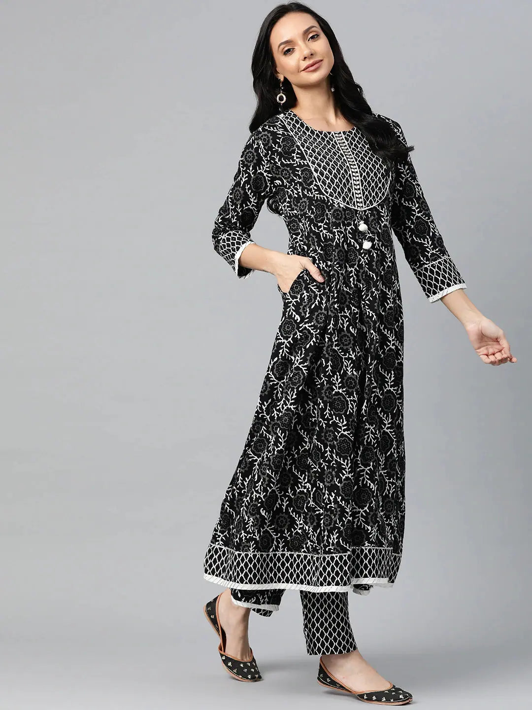 Black & White Printed Cotton Kurta Set with Dupatta For Women